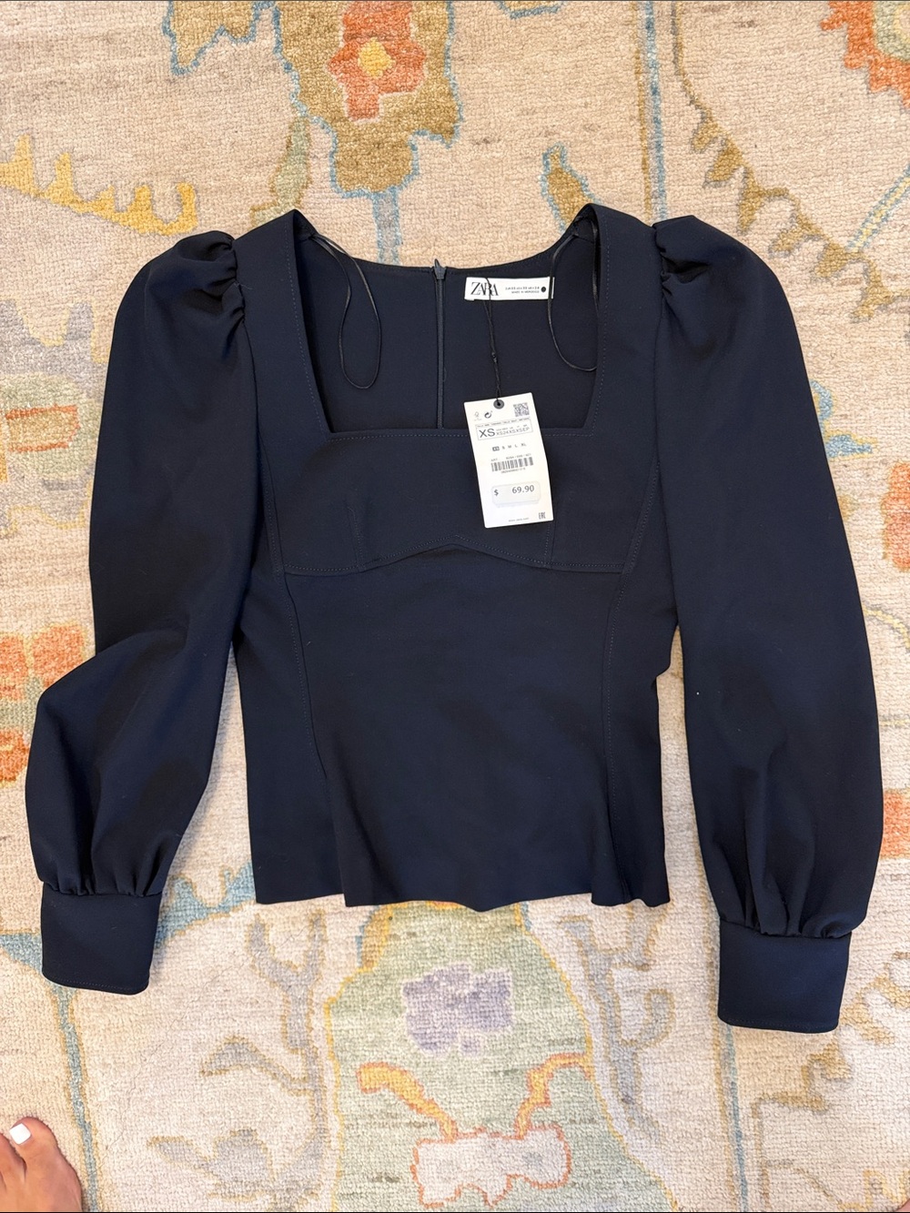 Zara Navy Square-Neck Puff-Sleeve Blouse